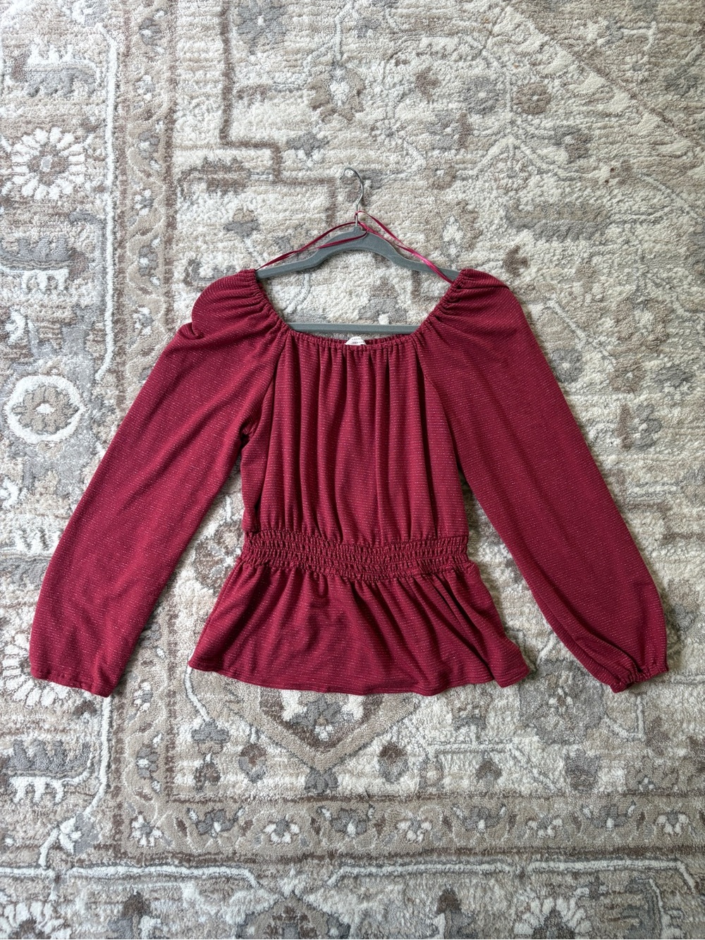 LC Lauren Conrad Red Metallic Peplum Blouse Size S Long Sleeve